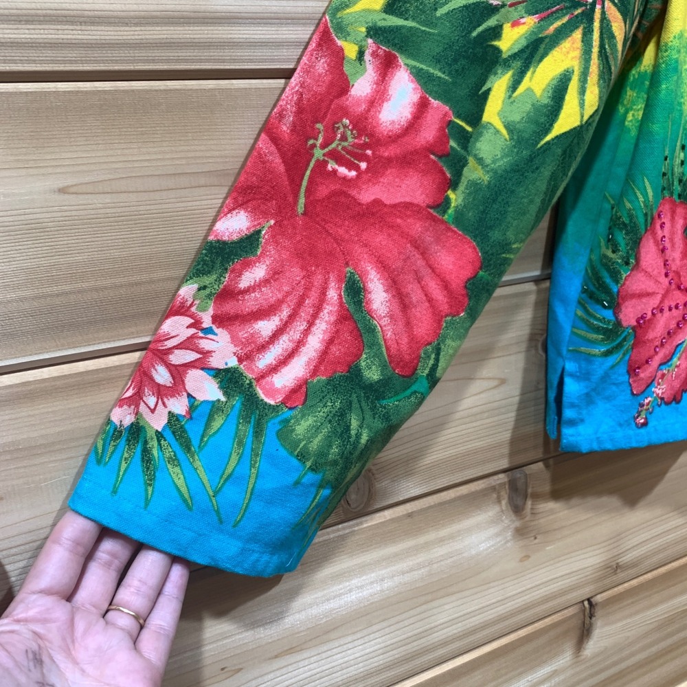 Floral Button Down Jacket Tropical Print Bead Embellished Collared Colorful XL - Picture 7 of 14